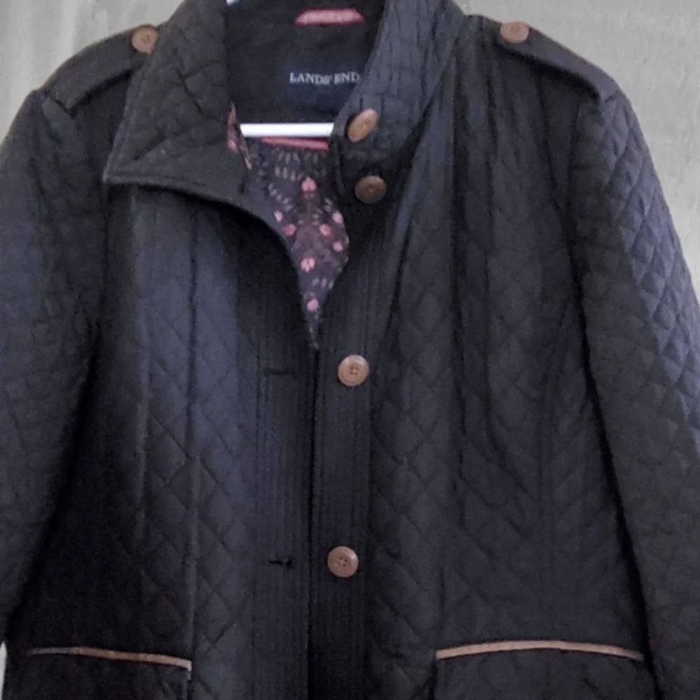 Lands End Black Quilted Jacket Floral Interior Primaloft Lightweight Sz Large - Picture 10 of 15